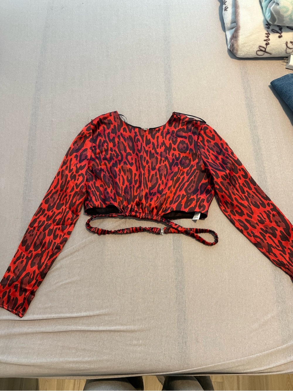 Zara Red and Black Leopard-Print Long Sleeve Crop Top